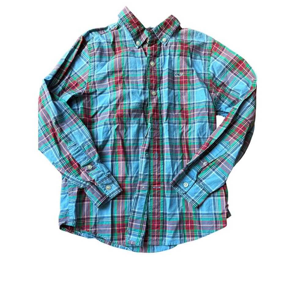 Vineyard Vines cotton whale shirt boys size 7 blue plaid